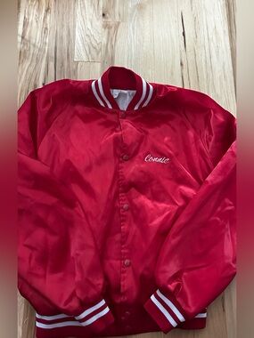 Red Satin Varsity Jacket with 'Connie' Script. Cute bowling team name on back
